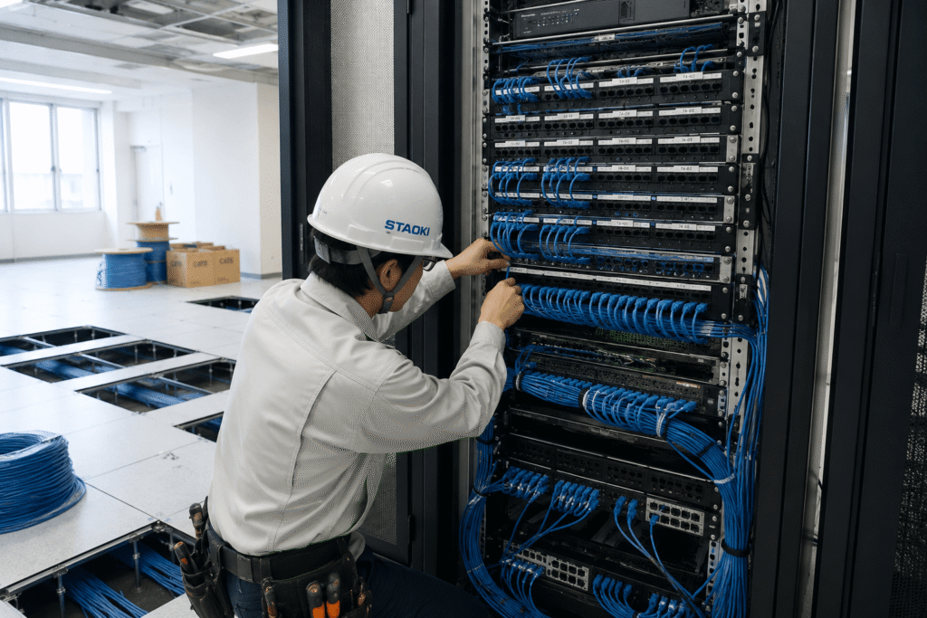 【小牧市】物流センター・大型オフィスの新規LAN工事｜広大なワンフロアの配線ネットワーク構築