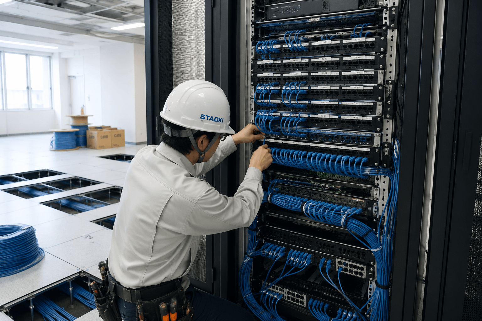 【小牧市】物流センター・大型オフィスの新規LAN工事｜広大なワンフロアの配線ネットワーク構築