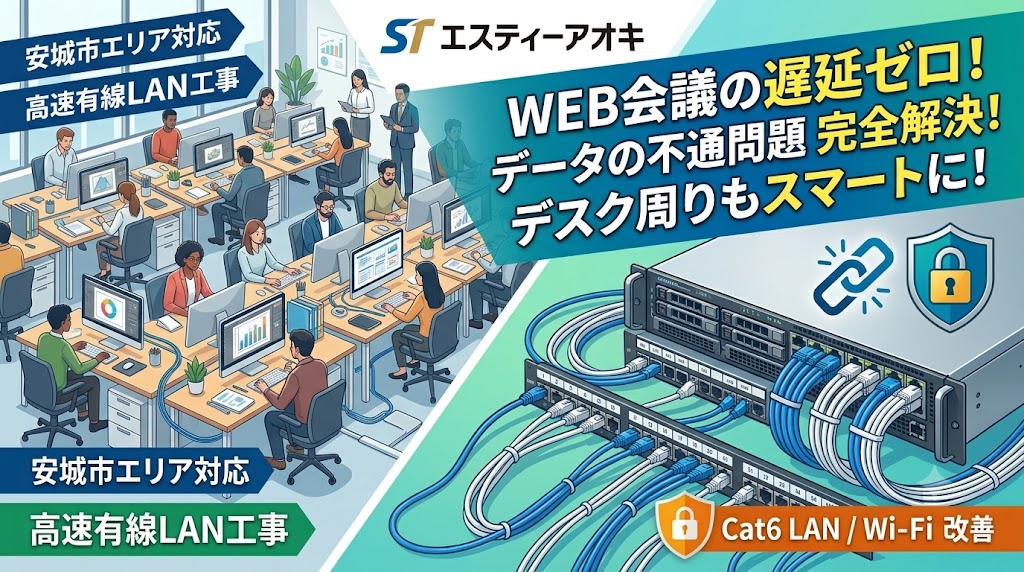 【安城市】社員20名規模オフィスの有線LAN工事・デスク周りの配線スマート整備
