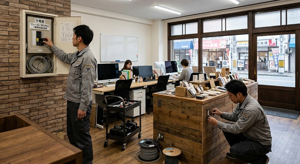ブレーカー落ち防止と接客フロアのコンセント増設
