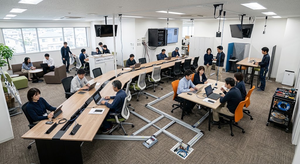 日進市 20名規模オフィスの電気工事・フリーアドレス電源配線